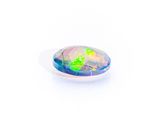 a white oplite stone with a green and purple color