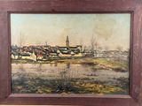 painting of a village by a river with a church in the distance