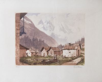 an image of a painting of a village with a mountain in the background