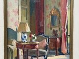 an oil painting of a room with a table and a chair