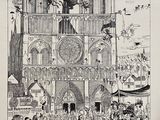 a black and white drawing of a cathedral with a clock on it