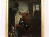 tableau représentant un homme assis sur un canapé dans une pièce en compagnie d'un chien