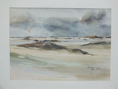 a picture of a watercolor painting of a beach