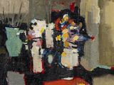 a painting of a vase of flowers on a table