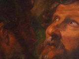 an oil painting of a man with a beard and a dog