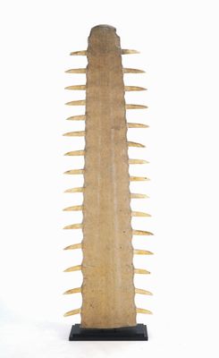 a close up of a wooden sculpture with spikes on top of it
