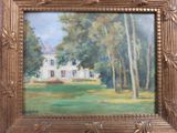 an oil painting of a white house in a field with trees