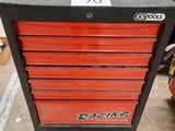 a close up of a red and black tool box on a table