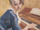 une peinture à l'huile représentant une femme assise au piano, vêtue d'une robe bleue