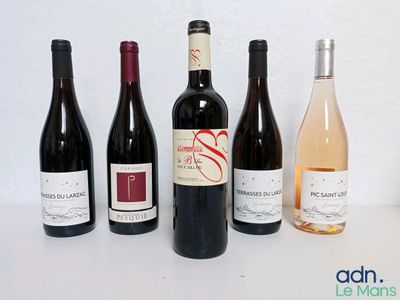 several bottles of wine are lined up on a table