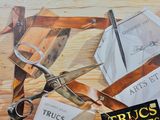 a painting of a pair of scissors and a pair of scissors on a table
