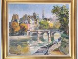 an oil painting of a bridge over a river with buildings in the background