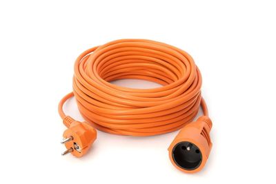 a close up of an orange extension cord with two plugs