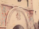a painting of a building with a clock on the top of it