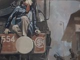 a painting of a man riding a train on the tracks