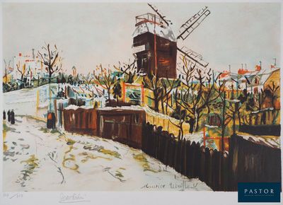 painting of a windmill on a snowy day by a fence