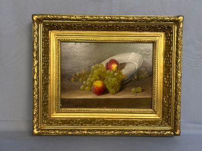 a picture of a painting of grapes and an apple on a table