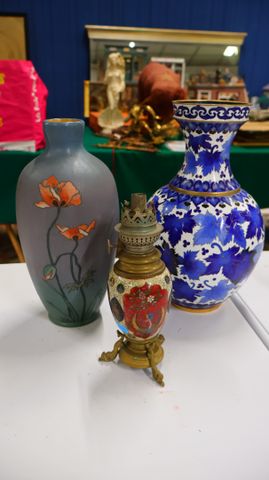 Vase émaillé bleu blanc H : 31, vase en gré Mettlack art nouveau ...