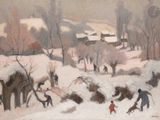 tableau représentant un groupe de personnes jouant dans la neige avec un chien