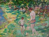 painting of a man and a boy playing in the grass