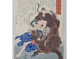 a painting of a man wrestling a bull on the ground