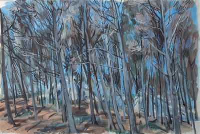 painting of a group of trees in a forest with a blue sky