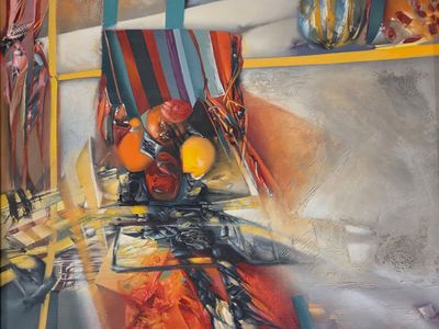 a painting of a chair and a bowl of fruit on a table