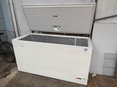 une photo d'un congélateur coffre blanc dans un garage