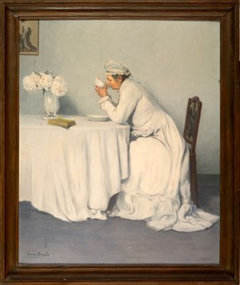 painting of a woman sitting at a table with a book and a vase of flowers