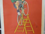 une affiche représentant un homme à vélo sur une échelle