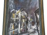 framed oil painting of a street scene with a man and a horse