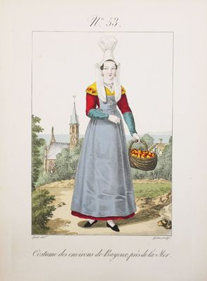 une illustration représentant une femme en robe bleue tenant un panier de fruits