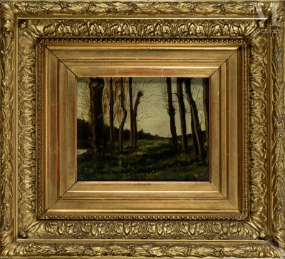 une peinture à l'huile représentant un paysage boisé avec des arbres au premier plan