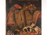 une image représentant un tableau où l'on voit un chien et un oiseau assis sur une chaise