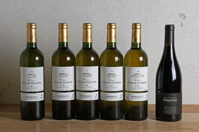 six bouteilles de vin sont alignées sur une table en bois