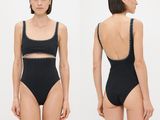 two pictures of a woman in a black swimsuit with a cut out back