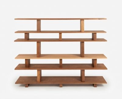 an image of a wooden shelf with three shelves on each side
