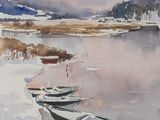 une aquarelle représentant trois bateaux sur l'eau