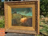 a picture of a painting of cows in a field