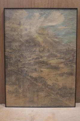 an image of a painting of a landscape with a mountain in the background