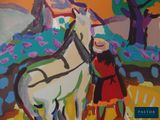 a painting of a woman standing next to a white horse