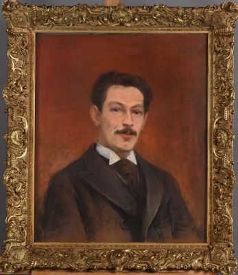 a painting of a man in a suit and tie is hanging on a wall