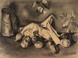 dessin représentant une nature morte avec des pommes, un vase et une serviette en papier