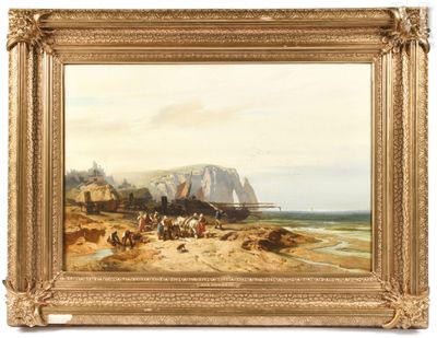an image of a painting of a beach scene with a boat in the water