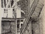 dessin d'une maison avec un escalier menant au toit