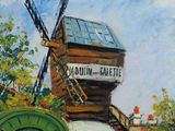 painting of a windmill with a green door in front of a building