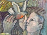 tableau représentant une femme tenant un oiseau et une colombe dans ses mains