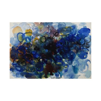 painting of a bunch of blue and purple flowers on a white background