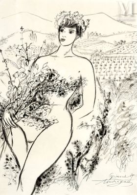 an ink drawing of a woman sitting in a field with flowers