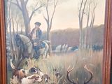 tableau représentant une scène de chasse avec un homme à cheval et un groupe de cerfs